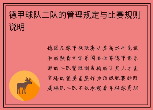 德甲球队二队的管理规定与比赛规则说明