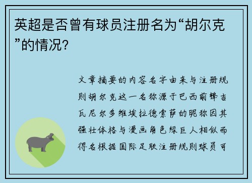 英超是否曾有球员注册名为“胡尔克”的情况？